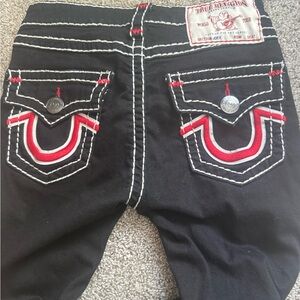 True Religion Women's Black Flare Jeans with Red & White Pocket Trim